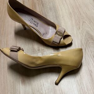 Salvatore Ferragamo Mustard Peep-Toe Heels with Ribbon